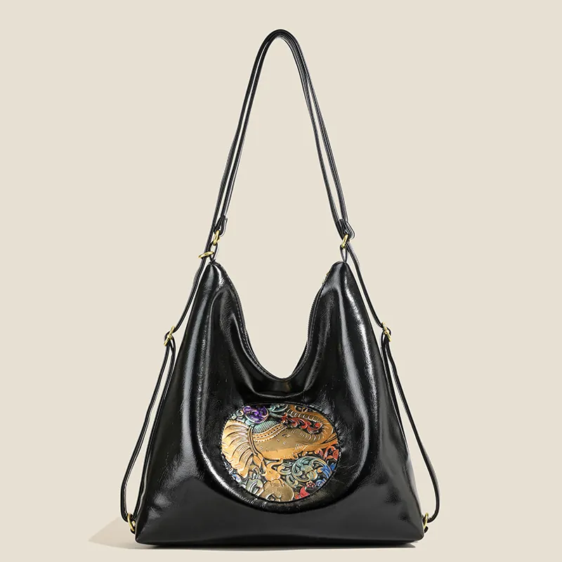 Women PU Leather Backpack Elephant Relief Ethnic Large Capacity Shoulder Travel Bag Casual