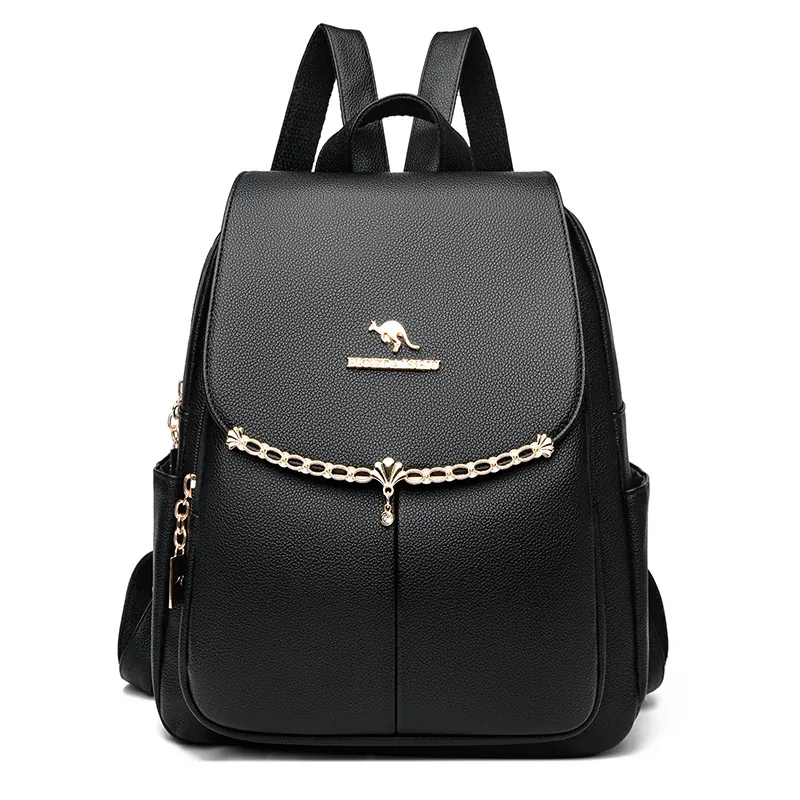 Women Fashion Backpack Lychee Pattern PU Leather Minimalist Commute Versatile Gold Chain Decor Anti-Theft Large Capacity
