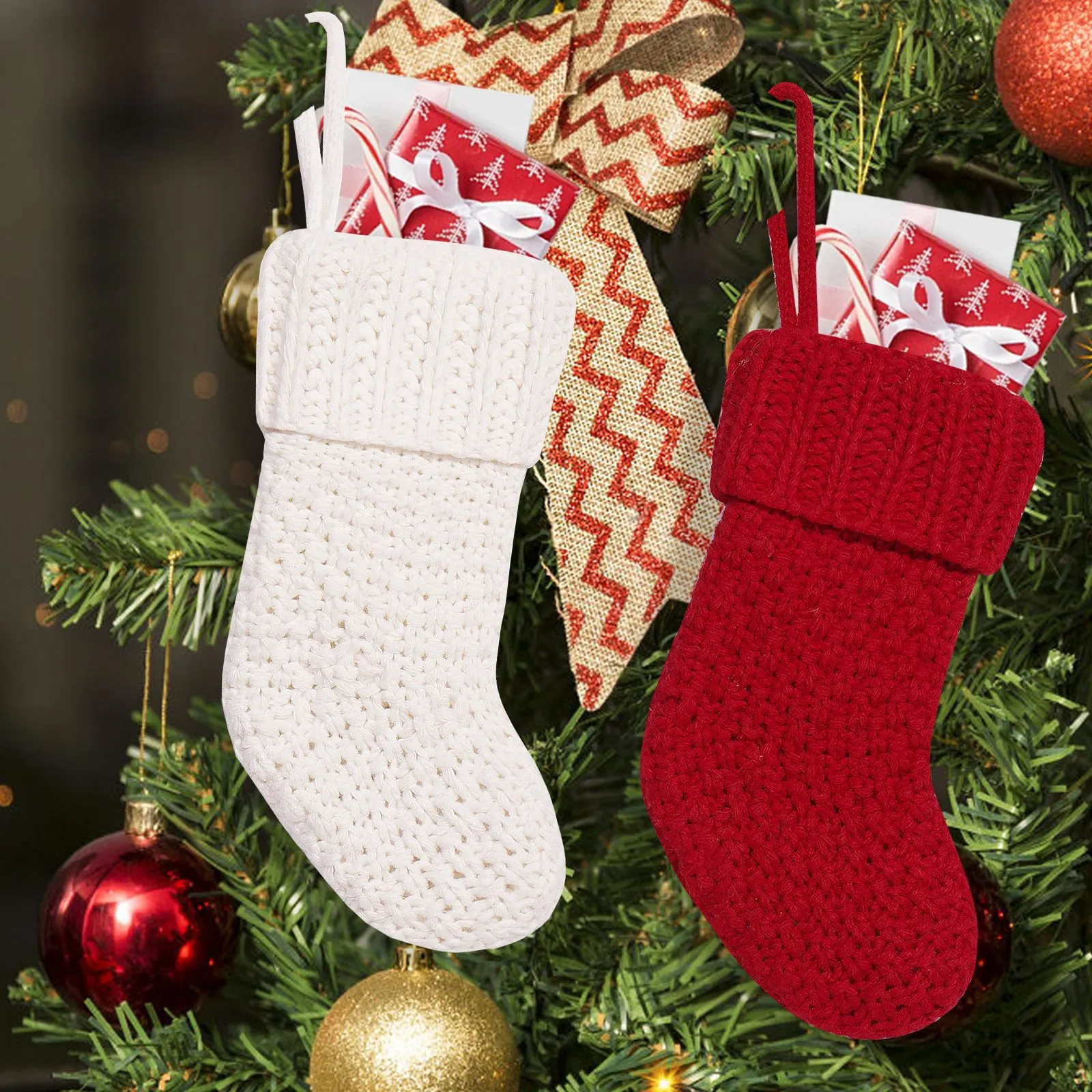 Christmas Stockings Knitted Solid Color Hanging Socks For Fireplace Tree Decoration Rustic Cable Knit Cutlery Holder