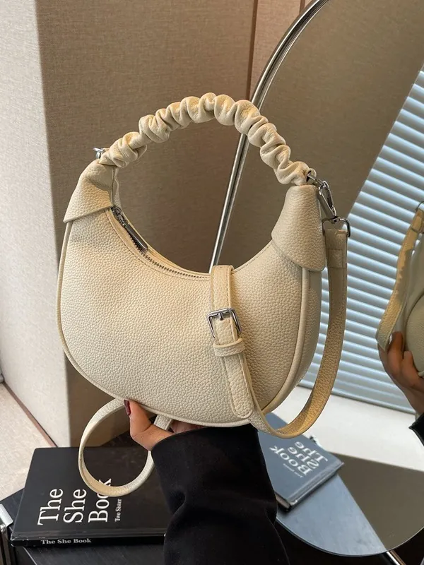 Women Crescent Crossbody Bag Ruched Handle Pebble PU Leather Minimalist Versatile Half Moon Shoulder Handbag