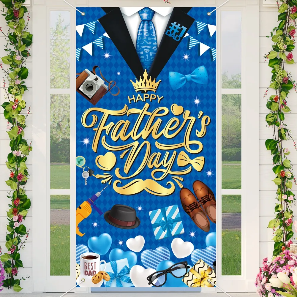 Happy Father's Day Door Banner Polyester Background Cloth Dark Blue Rhombus Gentleman Style Party Decoration Best Dad