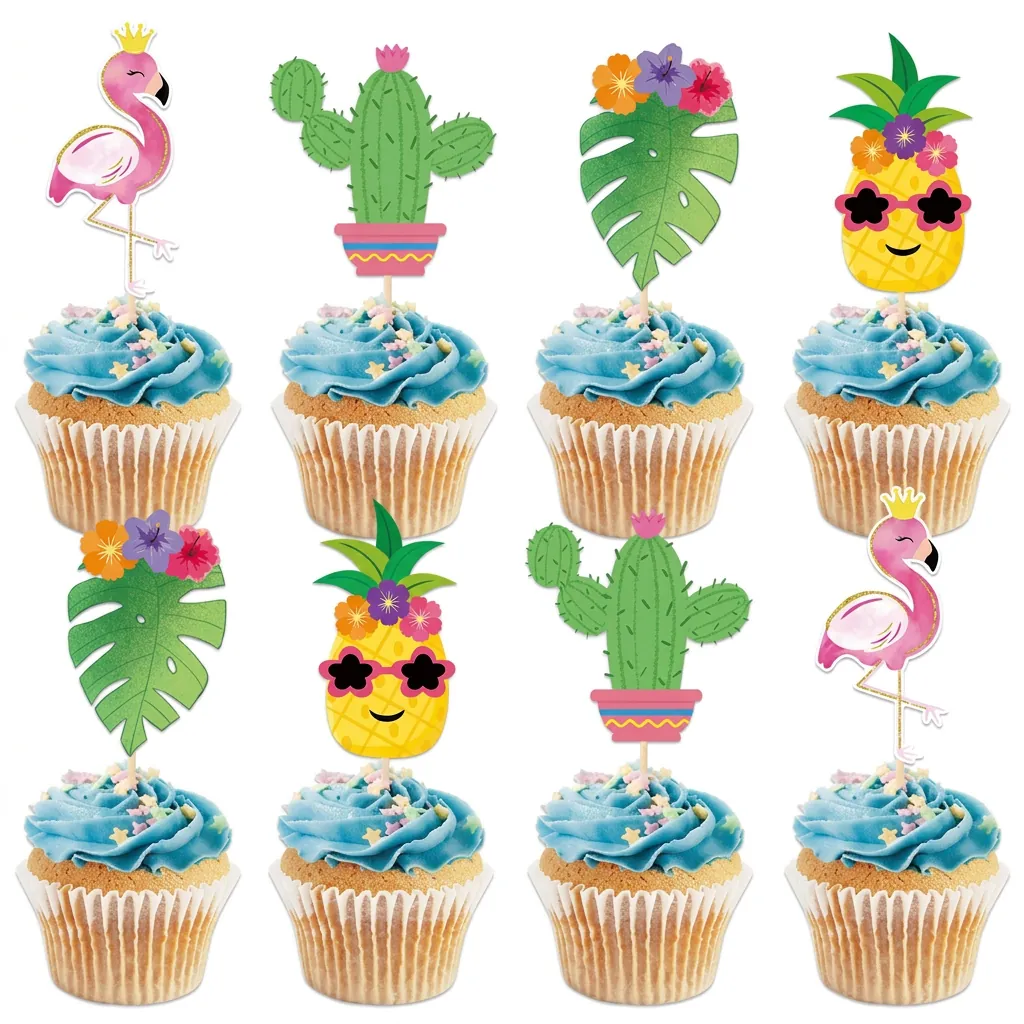 Hawaiian Party Cake Toppers Flamingo Cactus Pineapple Paper Bamboo Picks Tropical Summer Luau Theme Dessert Decorations