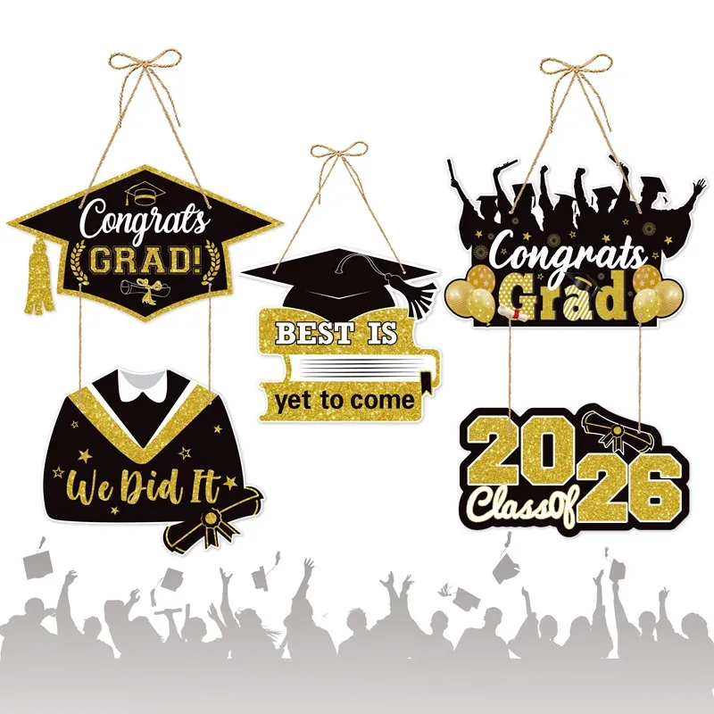 Graduation Party Decorations Door Hanging Sign Paper Black Gold Glitter Mortarboard Gown Ornaments Class Of 2026