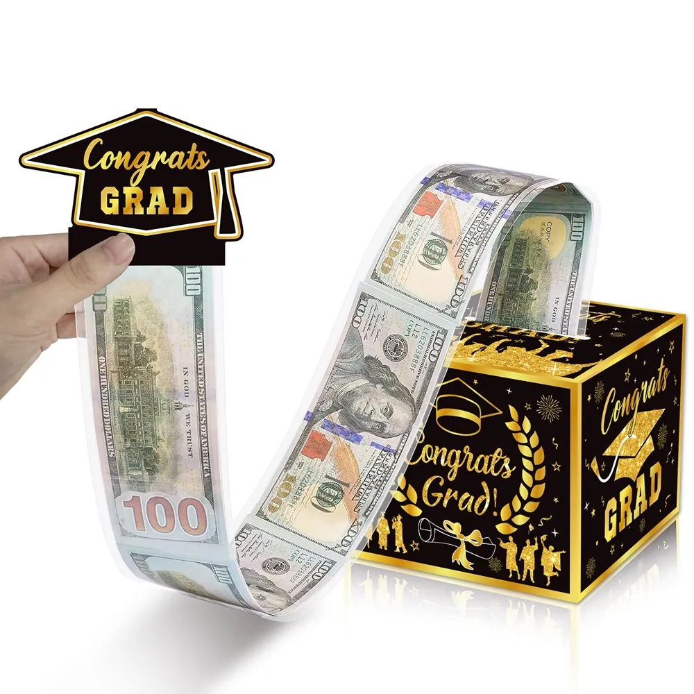 Graduation Money Pull Surprise Gift Kit Black Gold Cardboard Case With Mortarboard Topper Plastic Bags Party Decor