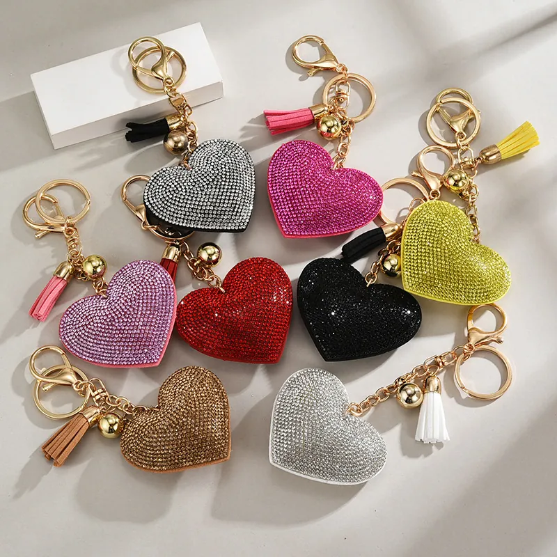 Sparkling Rhinestone Heart Keychain With Tassel PU Leather Bling Bag Charm Fashion Car Key Ring Gift Accessory