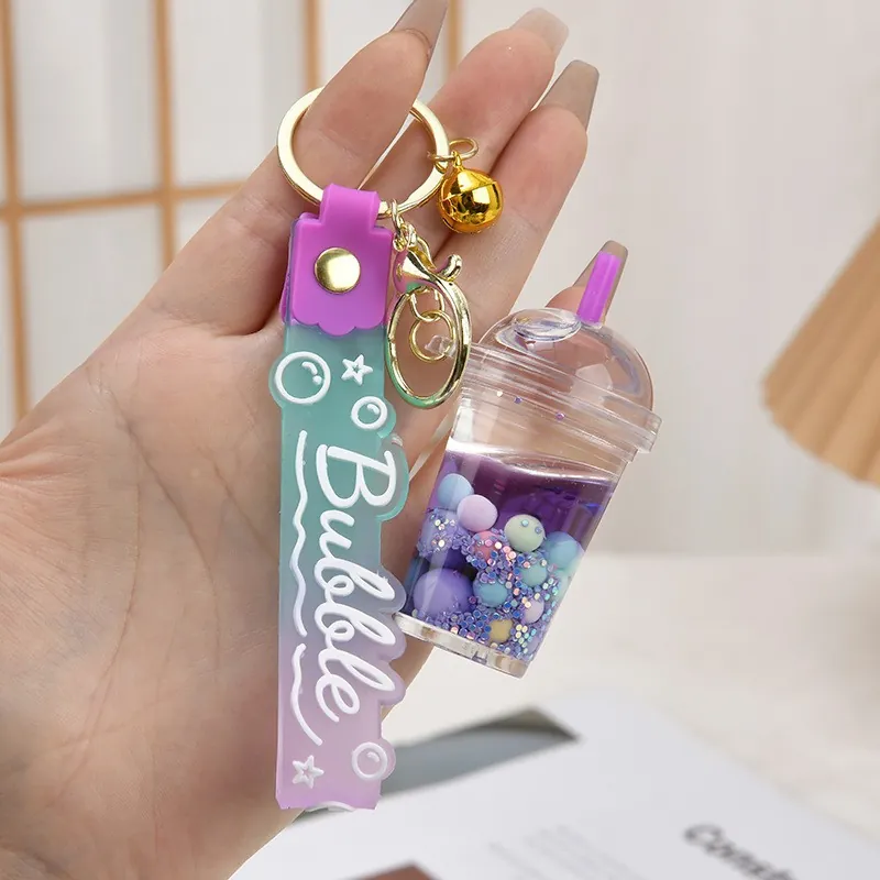 Bubble Tea Keychain Acrylic Quicksand Liquid Floating Beads Mini Milk Tea Cup Gradient Silicone Strap Bell Cute Bag Hanging Ornament