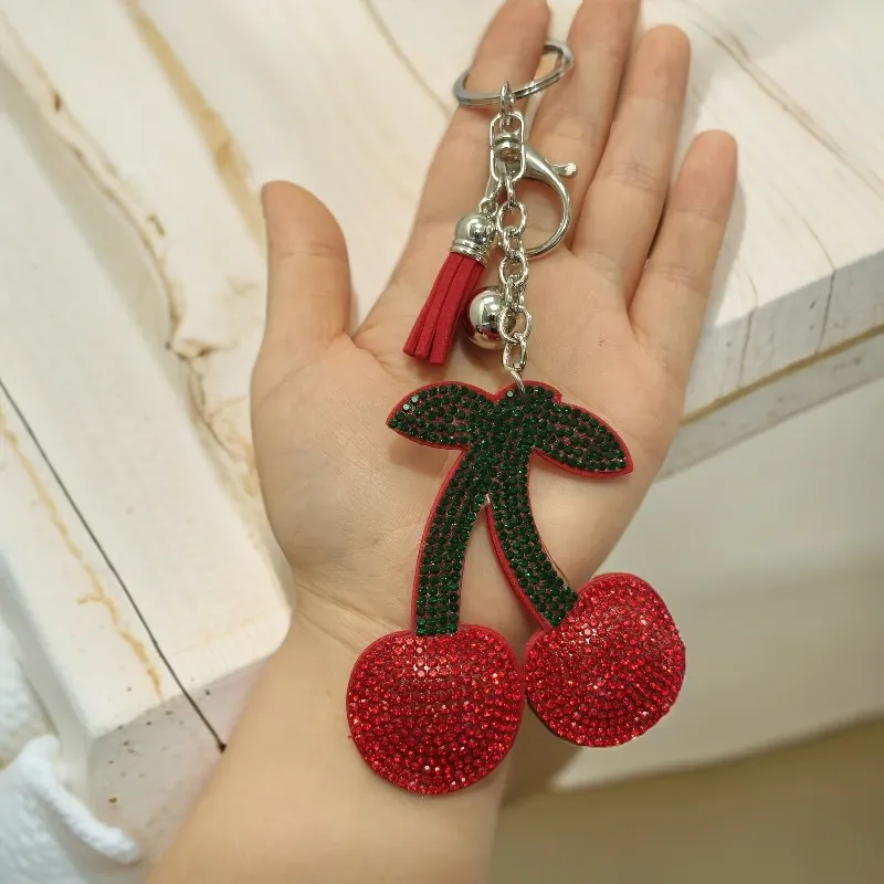 Rhinestone Cherry Keychain Sparkling Zinc Alloy Fruit Bag Charm With Tassel And Bell For Women Fashion Accessory