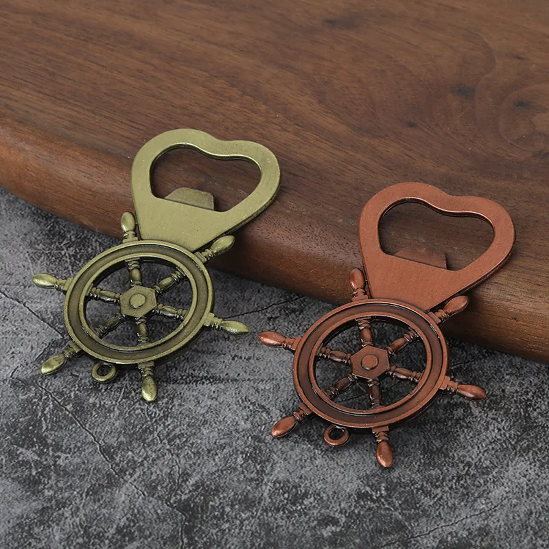 Nautical Ship Wheel Bottle Opener Keychain Vintage Zinc Alloy Heart Shape Rudder Key Ring Party Wedding Favors