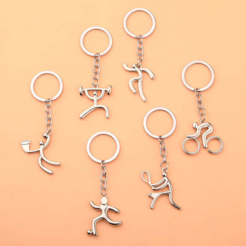 Sports Theme Metal Keychain Alloy Athlete Stick Figure For Cycling Running Weightlifting Football Basketball Tennis Novelty Gift