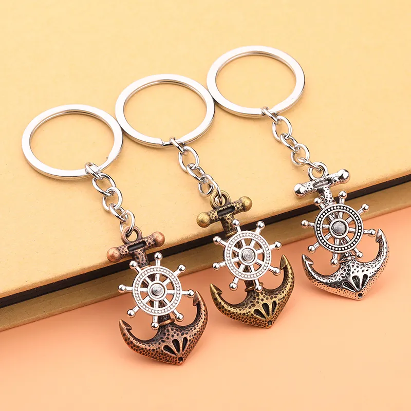 Retro Nautical Anchor And Rotatable Ship Helm Metal Keychain Vintage Alloy Key Ring Pendant Ornament