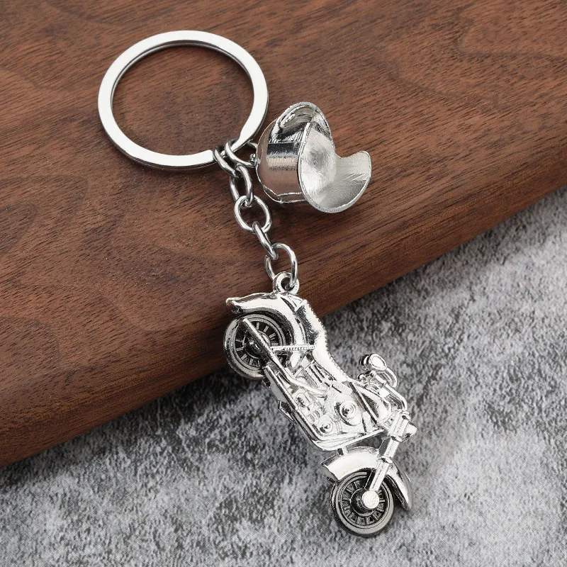 Motorcycle Keychain Zinc Alloy Silver Cool Motorbike Enthusiasts Heavy Metal Style With Helmet Charm