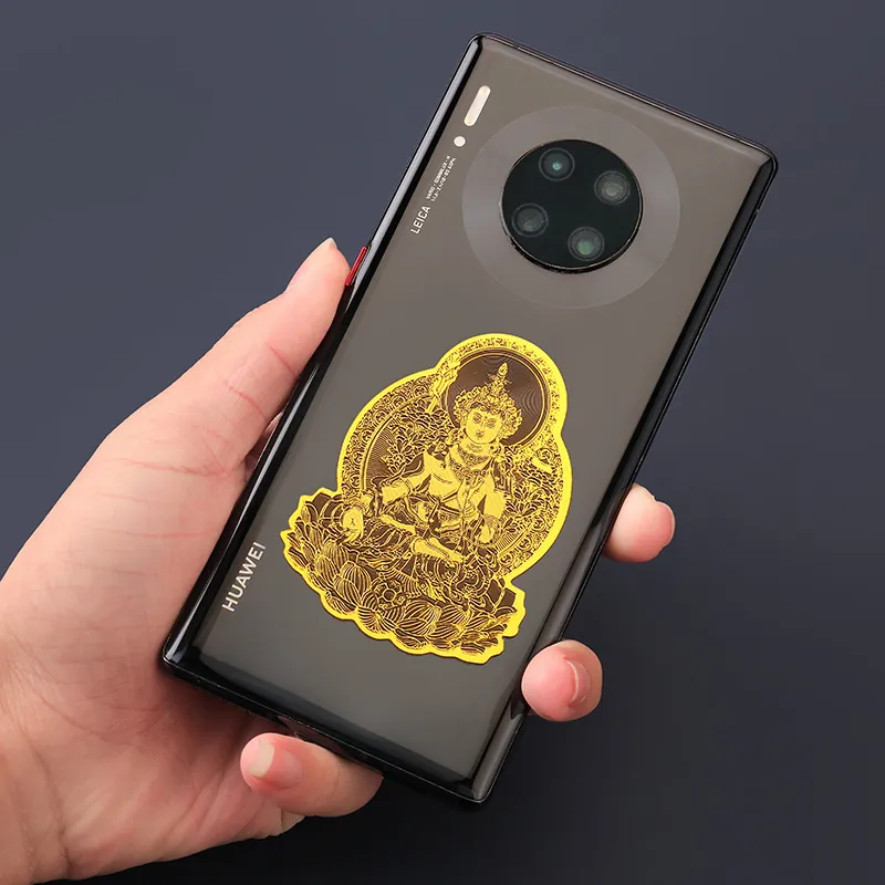 Buddhist Zodiac Guardian Buddha Mobile Phone Sticker Gold Metallic 3D Relief Amulet Religious Decorative Decal