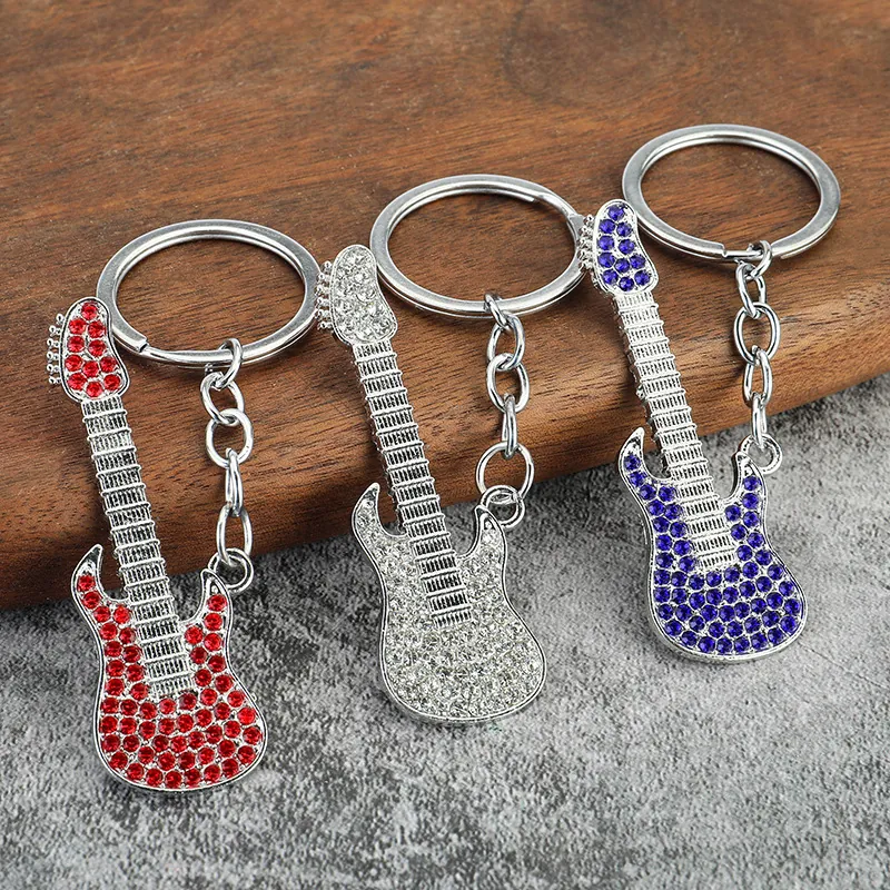 Electric Guitar Keychain Sparkling Rhinestone Alloy Musical Instrument Pendant Car Key Ring Bag Decor Music Lover Gift