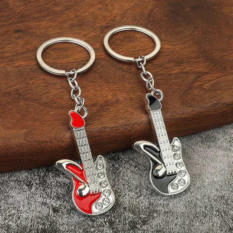 Guitar Keychain Zinc Alloy Enamel Musical Instrument Shape With Rhinestone Shiny Creative Music Lover Gift Pendant