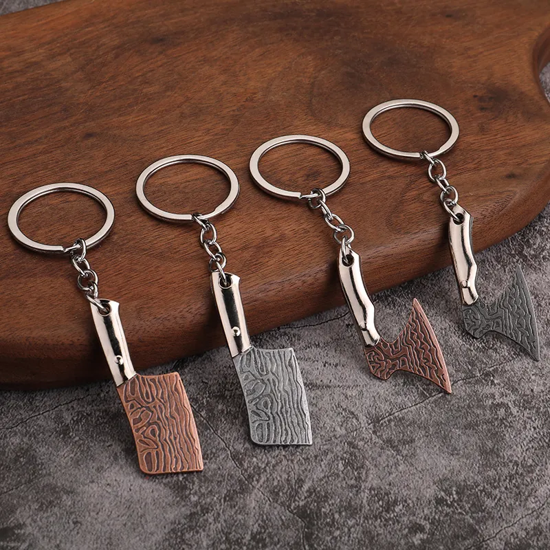 Mini Knife And Axe Keychain Pendant Zinc Alloy With Damascus Pattern Retro Horror Novelty Toy For Halloween Party Favor Gift