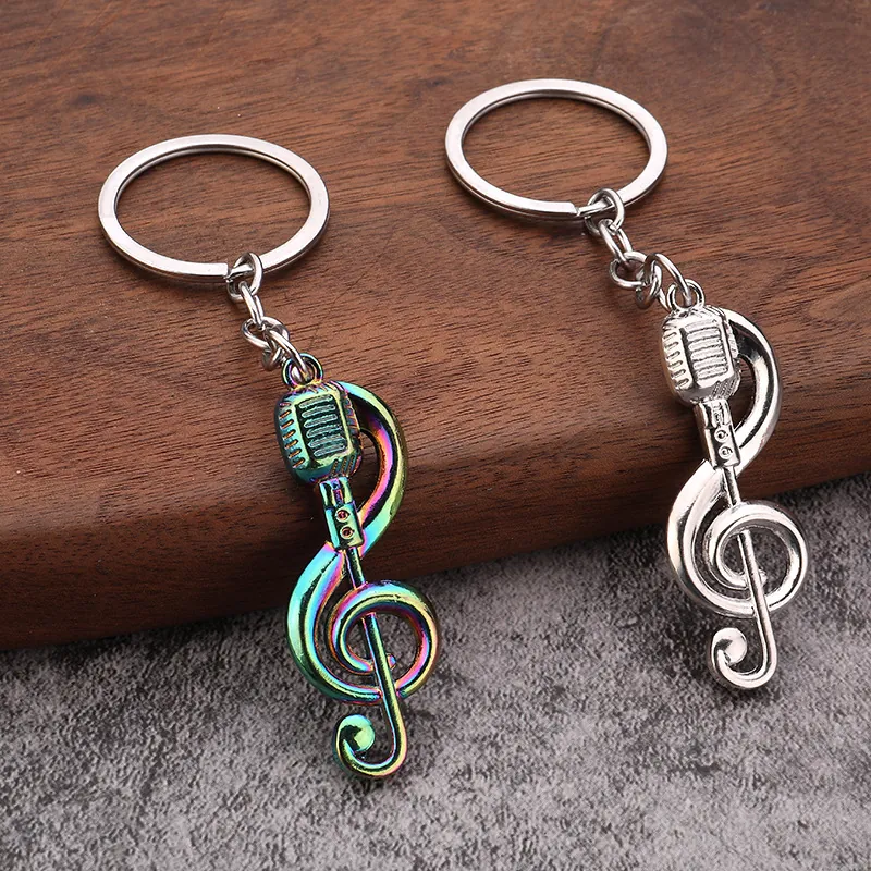 Music Theme Keychain Zinc Alloy Treble Clef And Microphone Charm Musical Gift Key Ring For Music Lovers Iridescent Silver