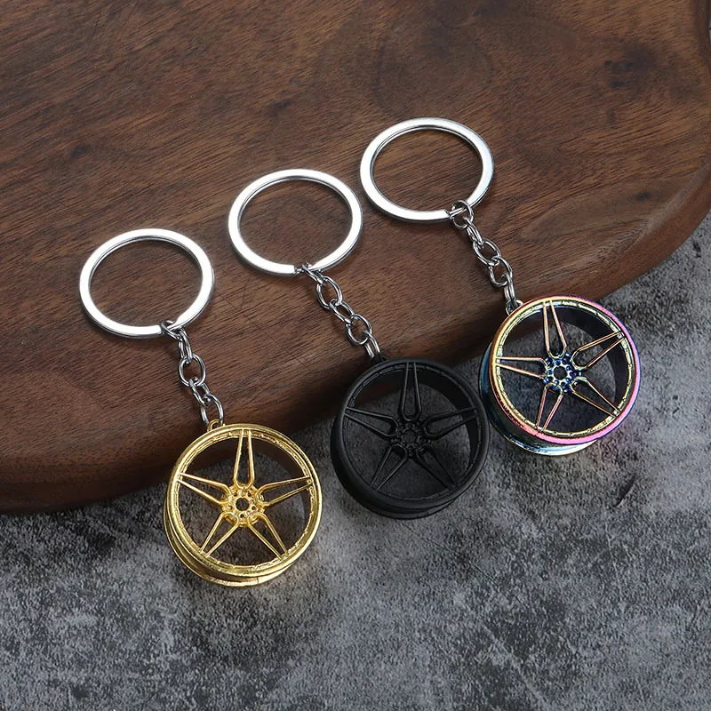 Car Wheel Rim Keychain Zinc Alloy Multi Spoke Hub Pendant Automotive Enthusiast Gift Industrial Style Key Ring