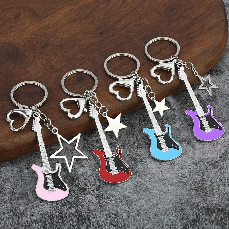 Electric Guitar Keychain Zinc Alloy Enamel Drip Oil Musical Instrument Bag Pendant Heart Clasp Star Charm Rock Style