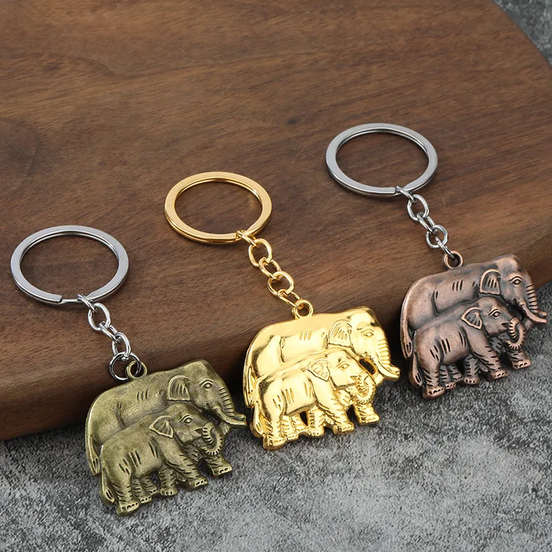 Elephant Mother And Child Keychain Zinc Alloy 3D Relief Vintage Animal Pendant Key Ring For Car Bag Gift
