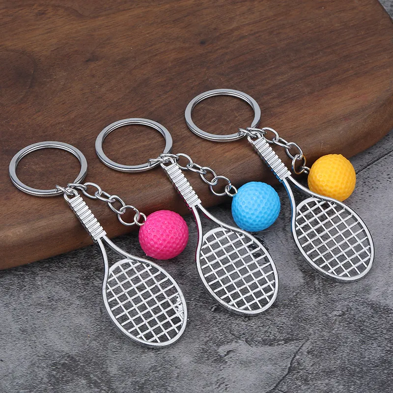 Mini Tennis Racket Keychain With Small Ball Zinc Alloy Sports Souvenirs Pendant For Backpack School Prizes Gift