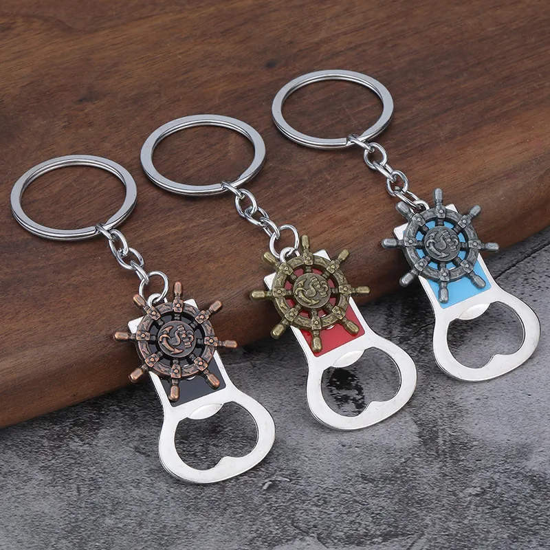 Vintage Nautical Steering Wheel Bottle Opener Keychain Zinc Alloy Anchor Rudder Key Ring For Car Backpack Decoration Accessory