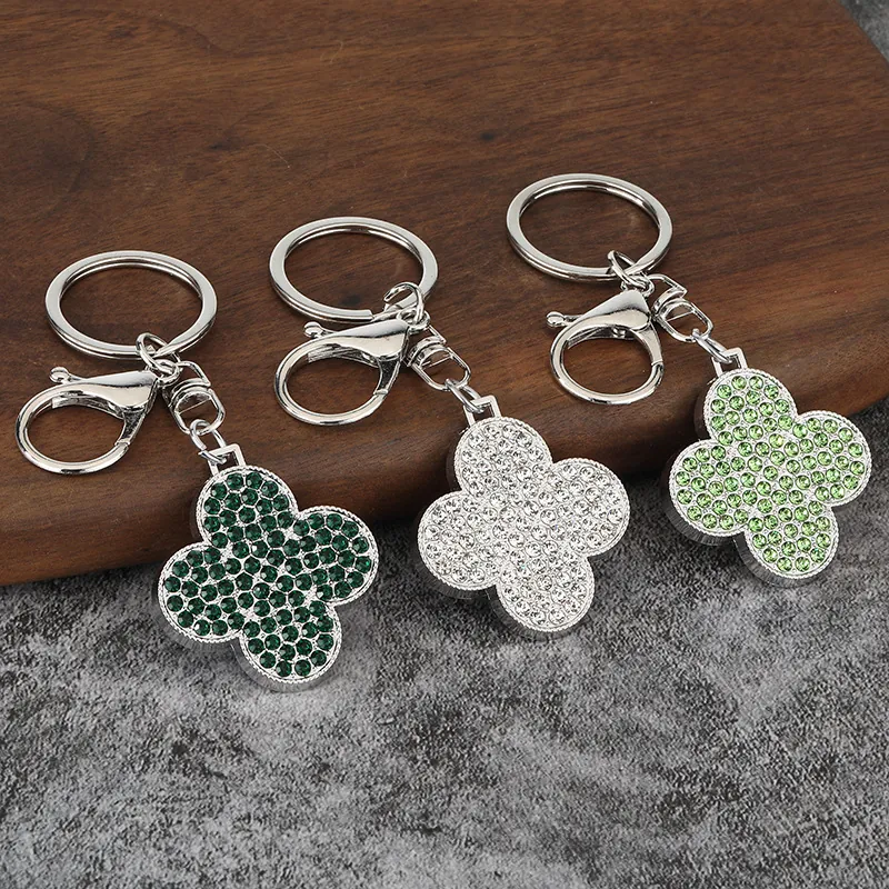 Porte-Clés Trèfle Pendentif Alliage De Zinc Strass Anneau De Voiture Fermoir Mousqueton Porte-Bonheur Accessoire Mode