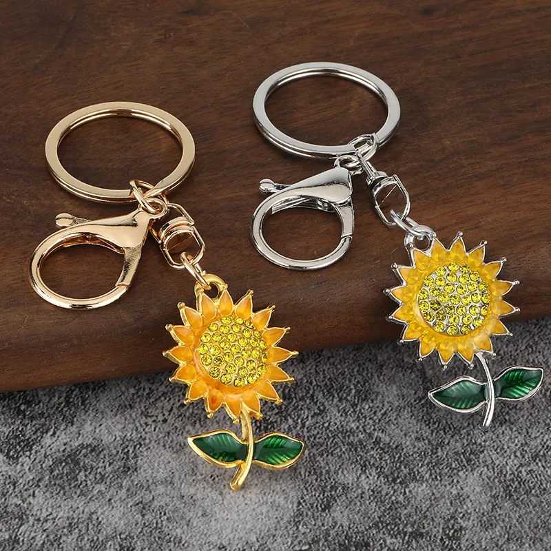 Sunflower Keychain Zinc Alloy Yellow Rhinestone Flower Enamel Leaf Bag Charm Jewelry Accessories For Women