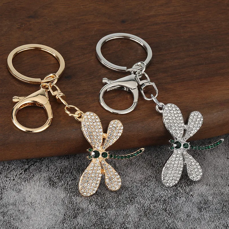 Dragonfly Keychain Zinc Alloy Rhinestone Sparkling Bag Charm Pendant With Lobster Clasp Metal Ring Jewelry For Women