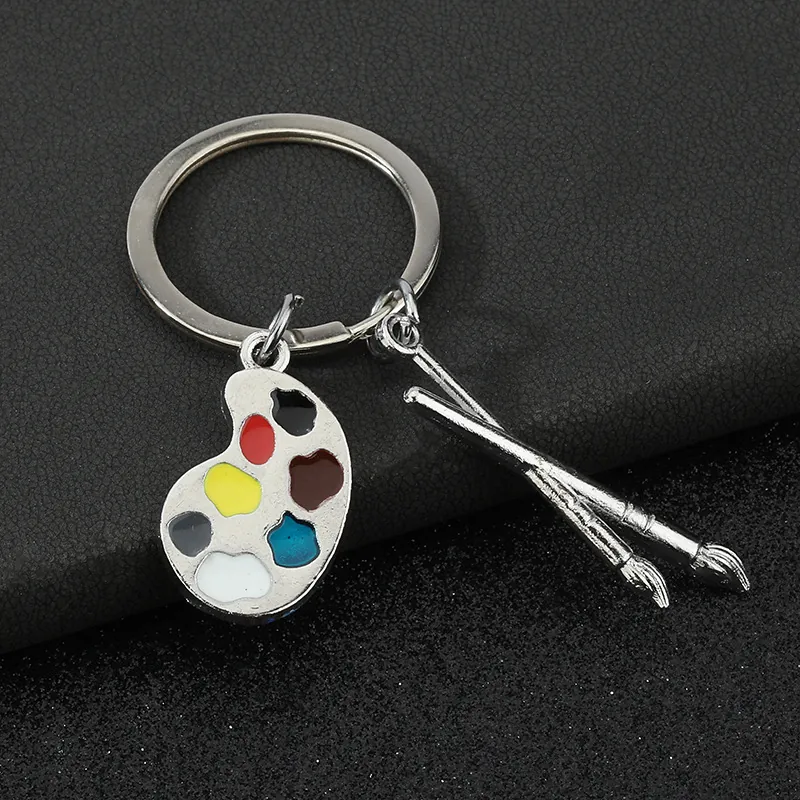 Porte-clés Créatif Palette et Pinceau d'Artiste en Alliage de Zinc Émail Thème Peintre Étudiant en Art Anneau de Clé Argent Cadeau