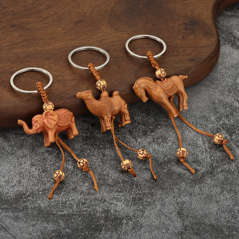 Elephant Camel Turtle Horse Animal Keychain Wood Resin Carved Pendant Retro Woven Rope Ethnic Style Key Ring Ornament