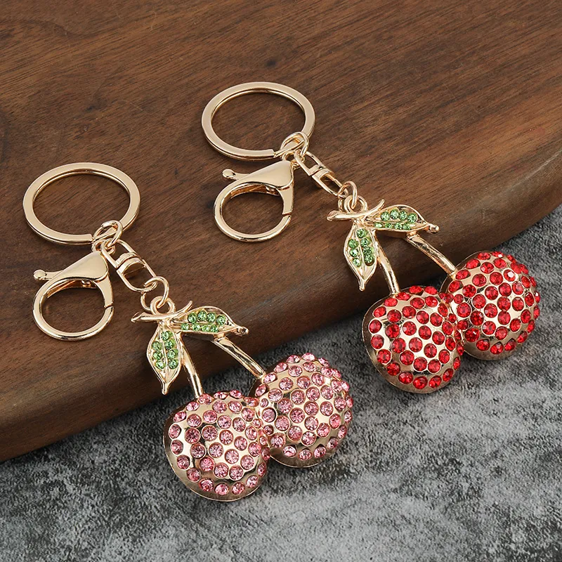 Cherry Keychain Metal Rhinestone Fruit Shape Bag Charm Golden Zinc Alloy Pendant For Women Girls Valentine Gift