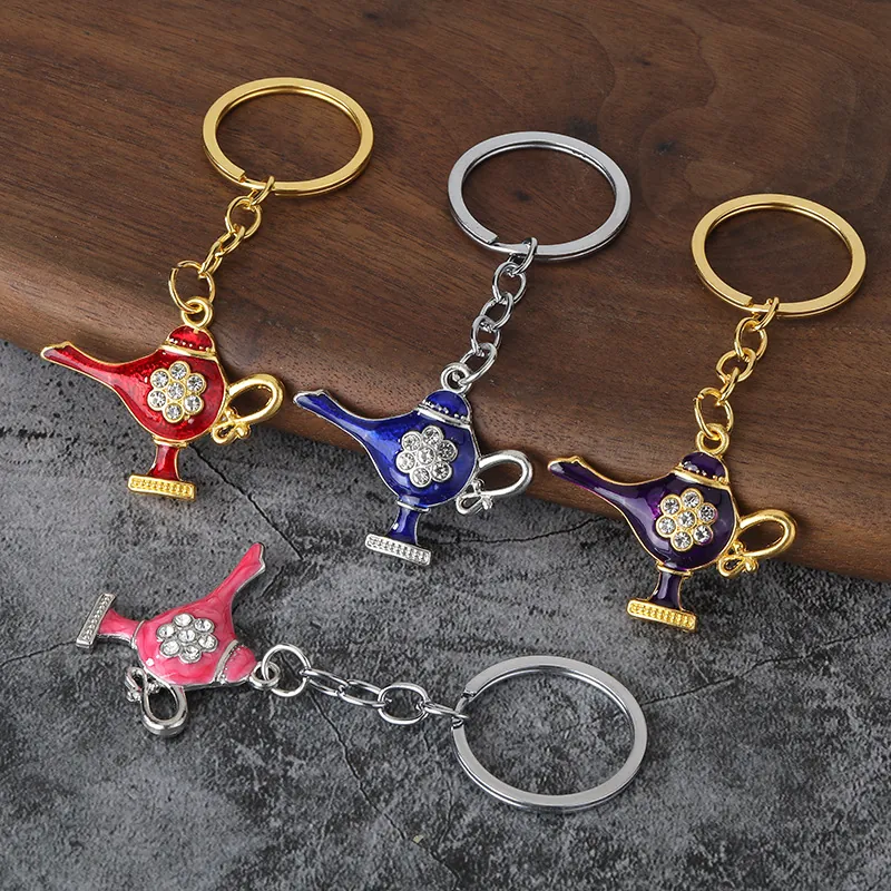 Magic Wishing Lamp Keychain Alloy Enamel Rhinestone Bag Pendant Exotic Ethnic Souvenir Gift Vintage Accessory