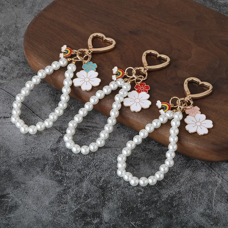 Cute Artificial Pearl Keychain Heart Clasp Zinc Alloy Enamel Rainbow Flower Charms Sweet Bag Charm Pendant For Women Girls