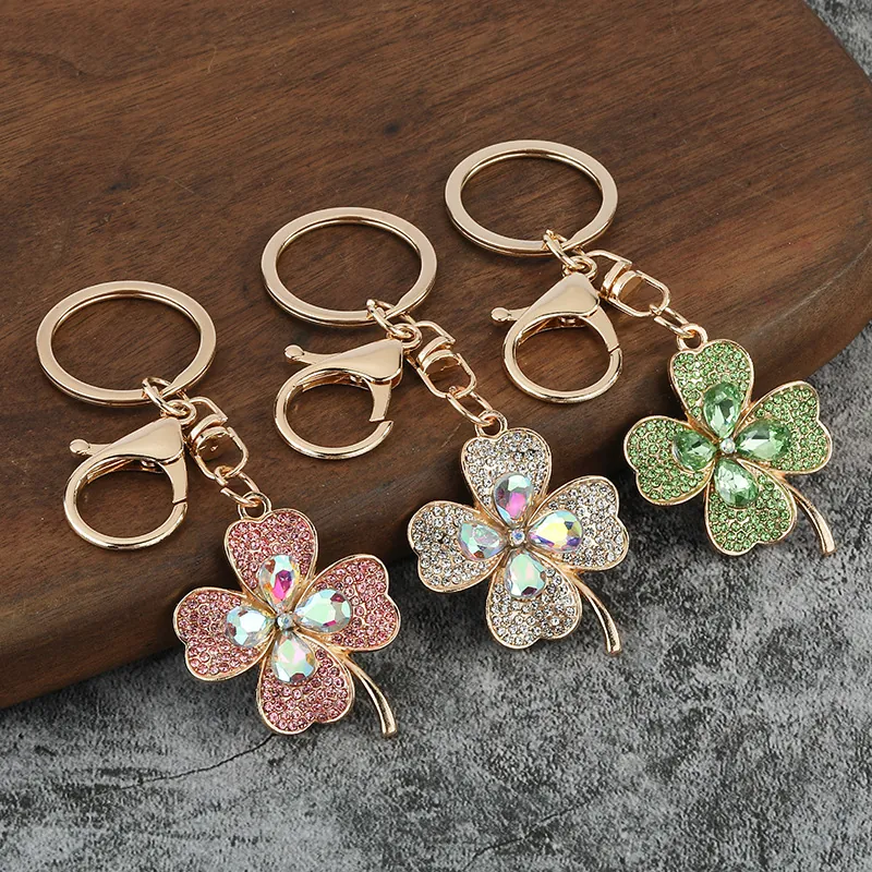 Four Leaf Clover Keychain Zinc Alloy Rhinestone Sparkling Crystal Bag Pendant Accessory Luxury Gift For Women