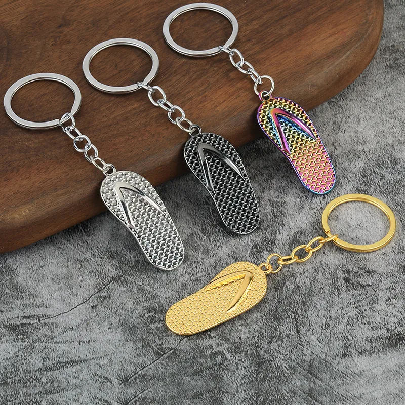Flip-Flop Keychain Zinc Alloy Metal Sandal Shape Textured Pendant Creative Bag Charm Souvenir Gift For Men Women