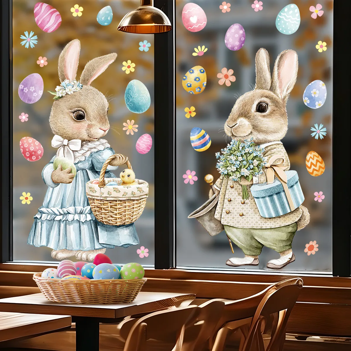 Easter Bunny Window Clings Double Sided Static Stickers Watercolor Rabbit Flower Glass Decals For Festive Home Decoration