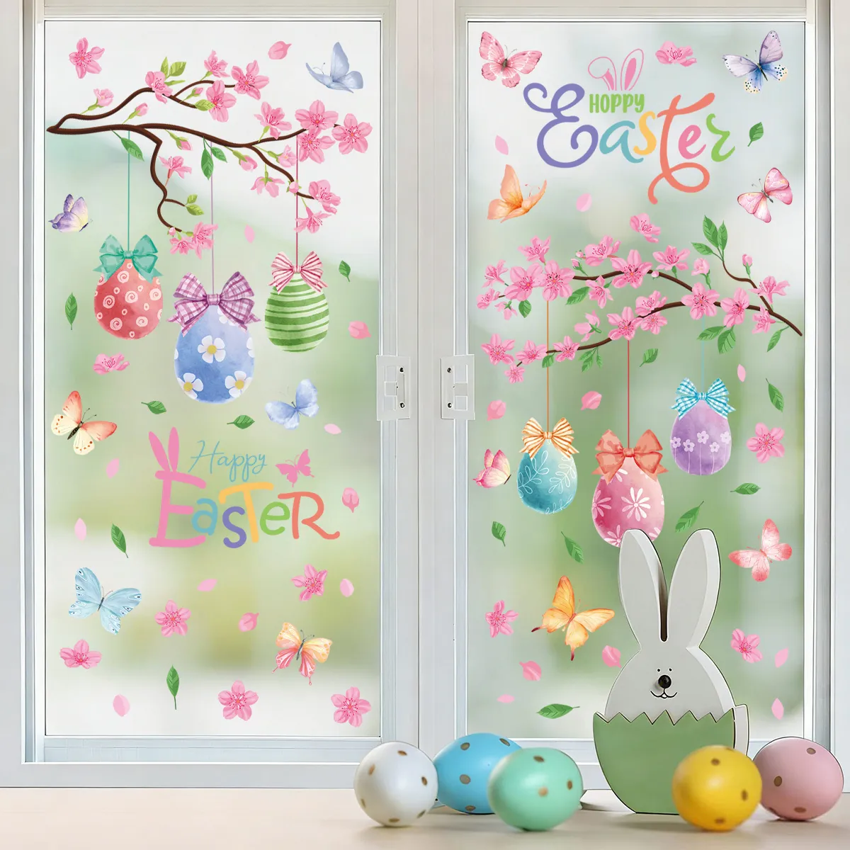 Easter Window Clings Static Stickers PVC Sakura Cherry Blossom Eggs Butterfly Decoration For Glass Home Holiday Decor