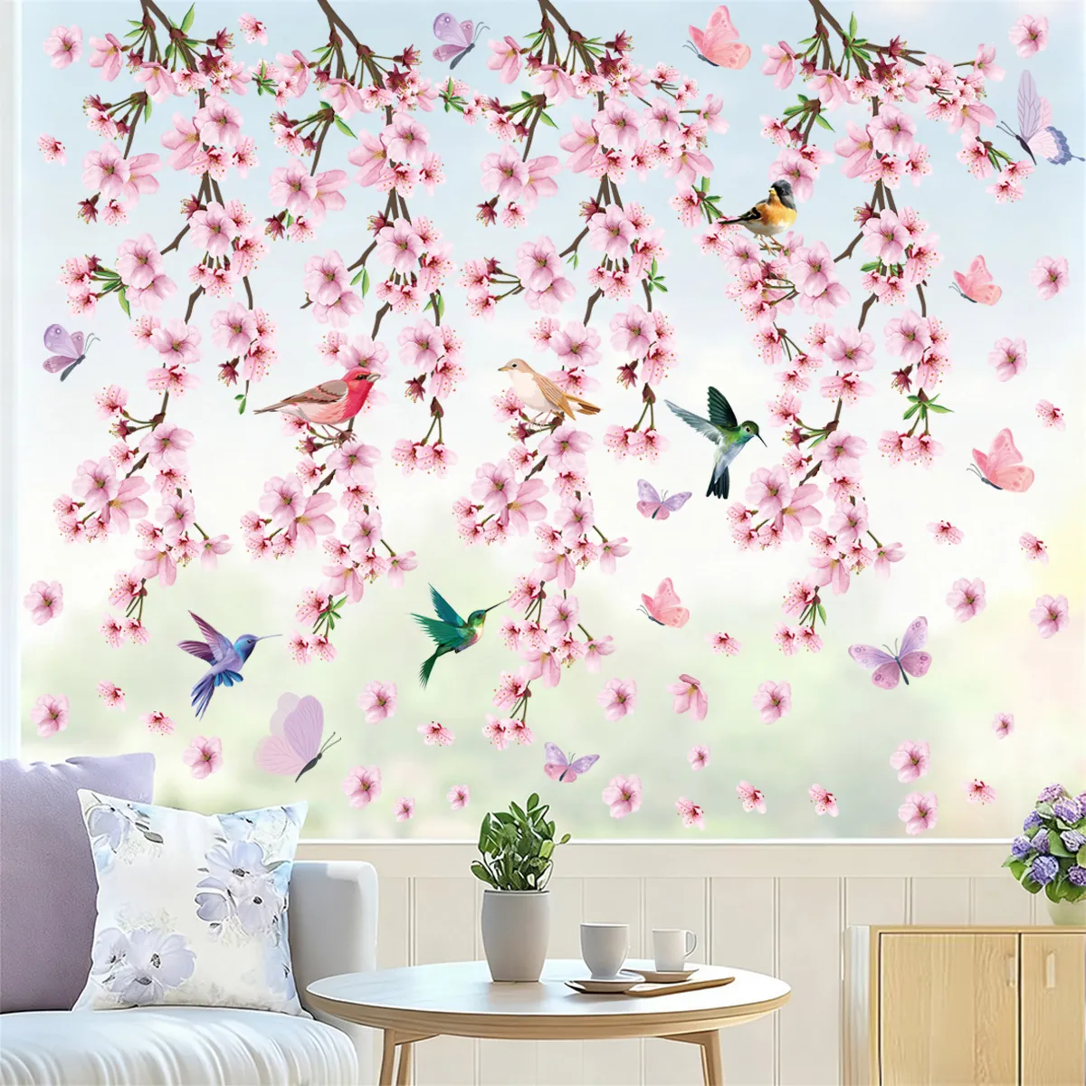 Sakura Cherry Blossom Birds Butterflies Static Cling Window Stickers PVC Spring Floral Decorative Home Decals