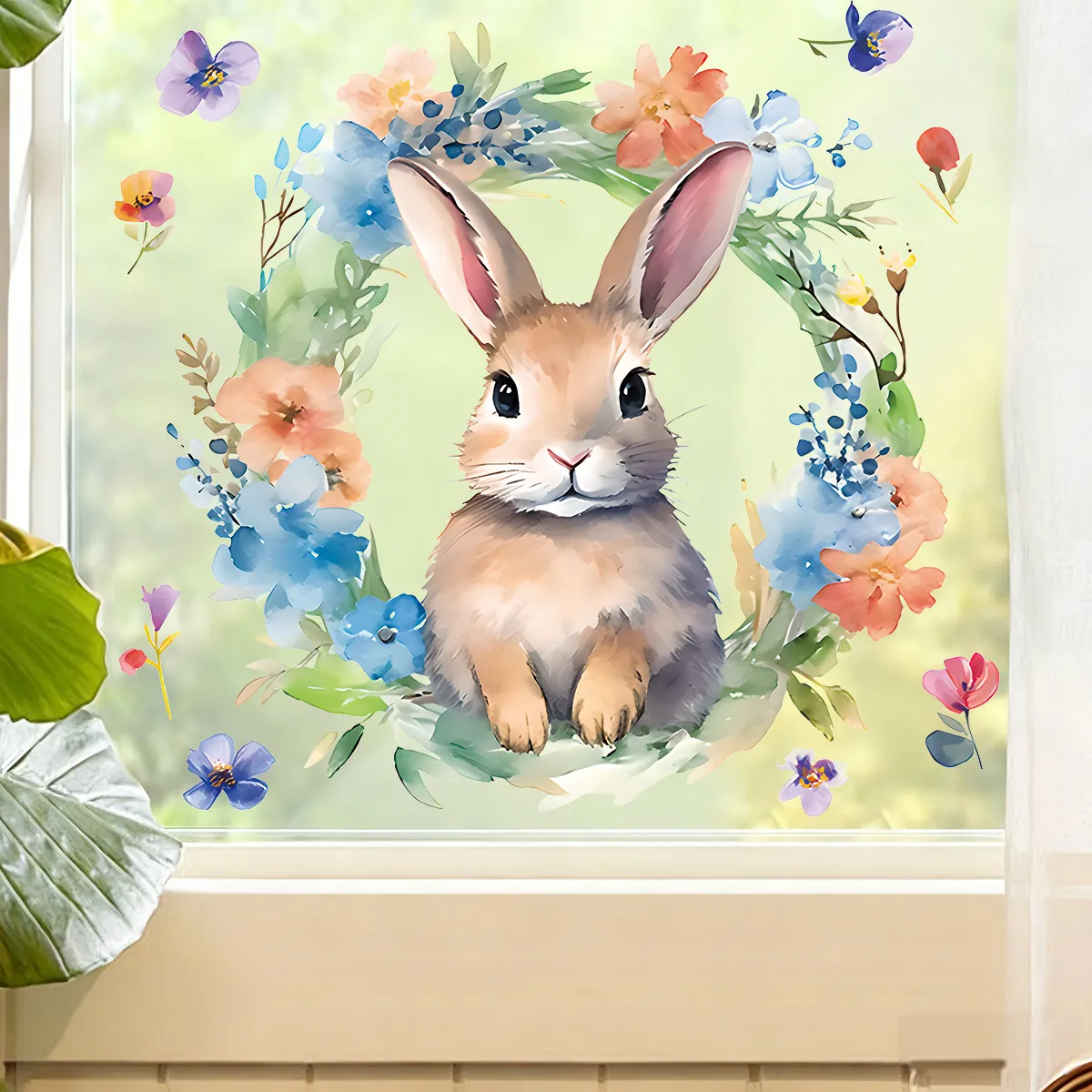 Easter Bunny Window Sticker PVC Static Cling Flower Wreath Watercolor Spring Holiday Home Glass Decoration Ornament
