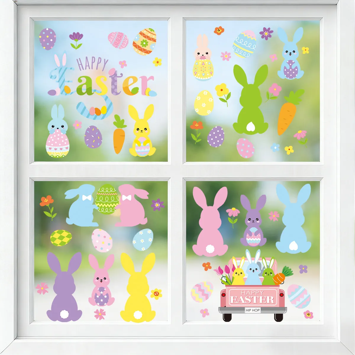 Easter Window Clings Double Sided Bunny Egg Carrot Truck Decals For Glass Holiday Home Party Decoration PVC Static Sticker