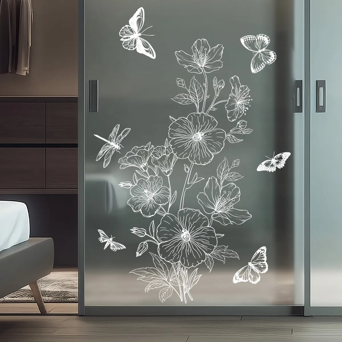 Statische Fensteraufkleber Weiße Linienkunst Blumen Schmetterling Libelle Glastür Dekore Abnehmbar Minimalistisch