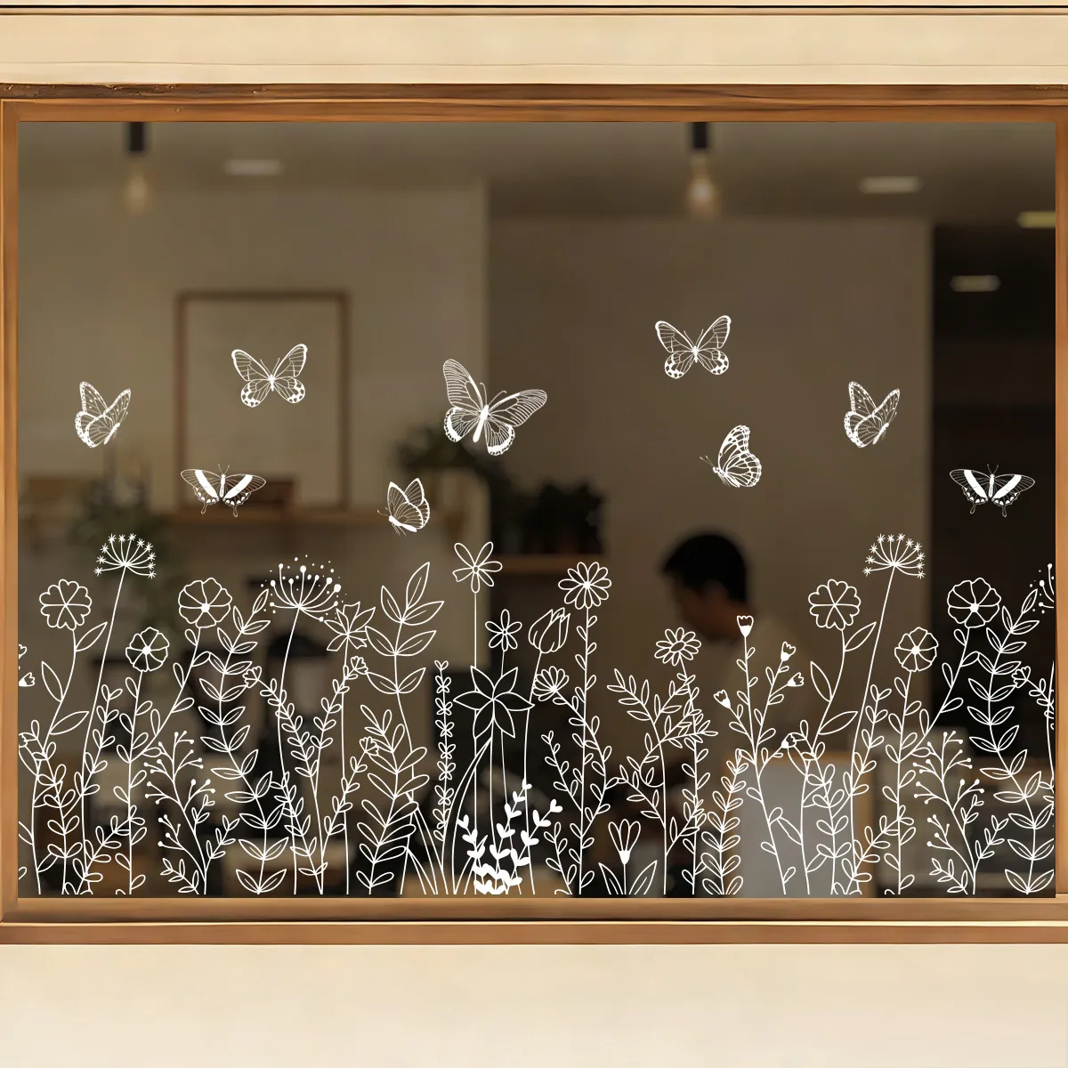White Butterfly Floral Window Stickers Static Cling PVC Glass Decals For Shop Home Decoration Removable Elegant Art Line Drawing