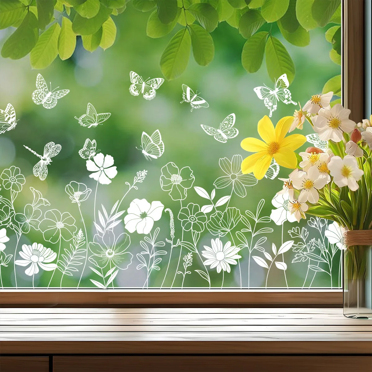 White Line Flower Butterfly Window Cling PVC Static Decorative Decal For Glass Home Office Shop