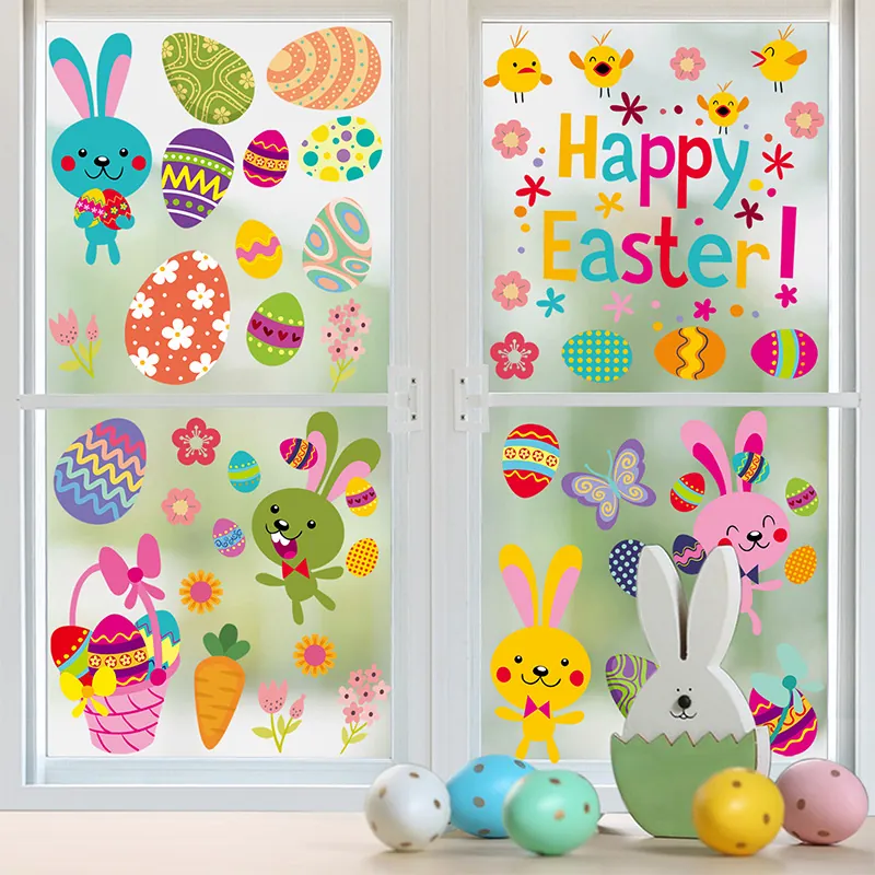 Double Sided Easter Window Clings Static Stickers Cartoon Bunny Egg Chick Carrot Flower Glass Decor For Holiday Party Home Window