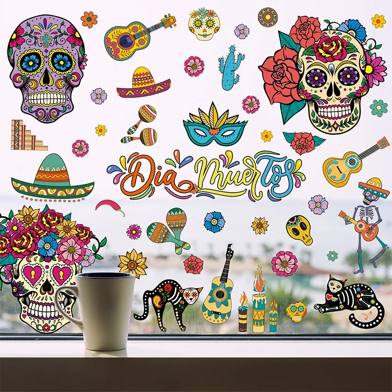 Mexican Day Of The Dead Window Clings Dia De Los Muertos Static Sticker Skull Guitar Sombrero Double Sided Party Decor