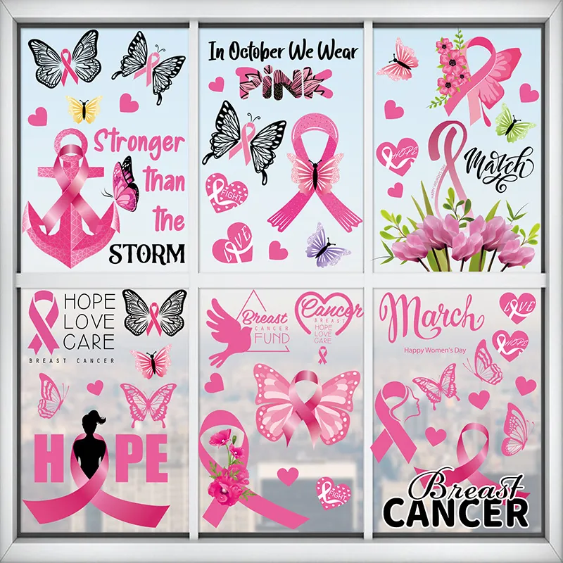 Breast Cancer Awareness Window Clings Pink Ribbon Butterfly Flower Static Cling Double Sided Decorative Glass Decals