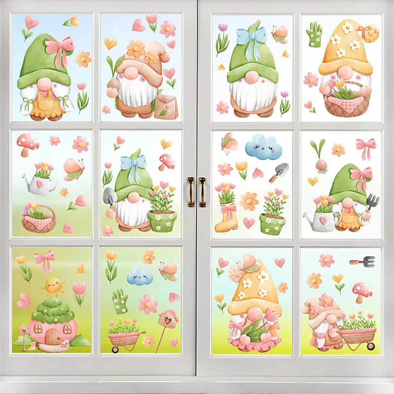 Spring Garden Gnome Window Clings Static PVC Flower Butterfly Decals Double Sided Glass Sticker Home Decor