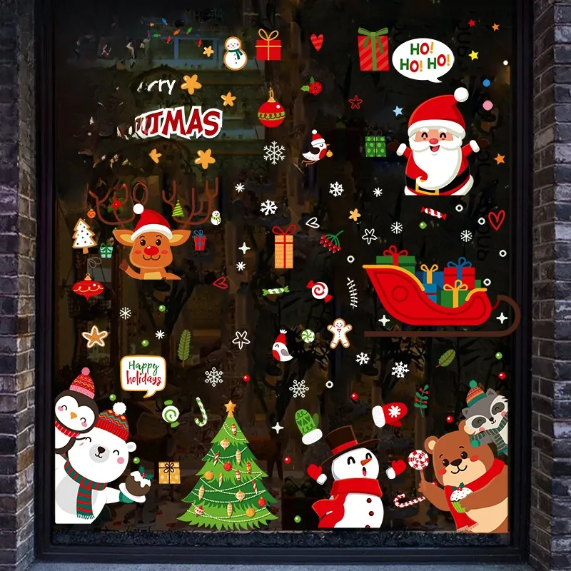 Weihnachtsmann Schneemann Rentier Fensteraufkleber Statisch PVC Abnehmbare Feiertagsdekoration Für Glasfenster Zuhause