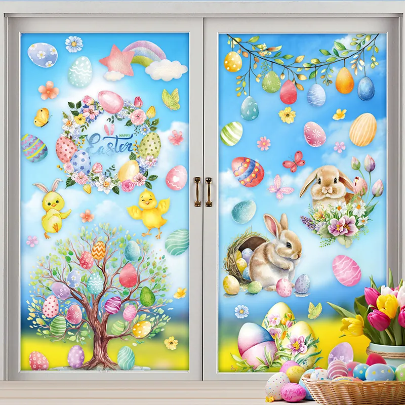 Easter Window Clings Static Cling Stickers Double Sided PVC Bunny Egg Chick Pattern Festival Home Decoration For Glass