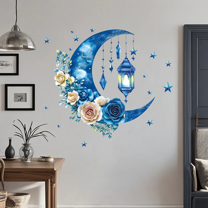 Autocollants Muraux Lune Bleue Étoile PVC Amovible Étanche Rose Lanterne Ramadan Eid Festival Décoration Chambre